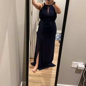 NWT Navy formal gown sequin lace dress slit